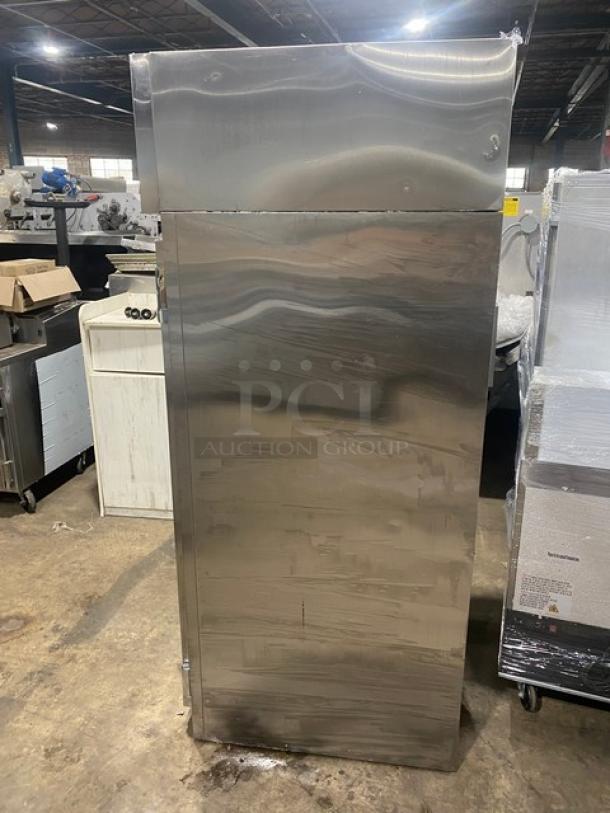 Victory commercial stainless steel single door reach-in freezer with legs, shows minor wear, ideal for catering businesses.