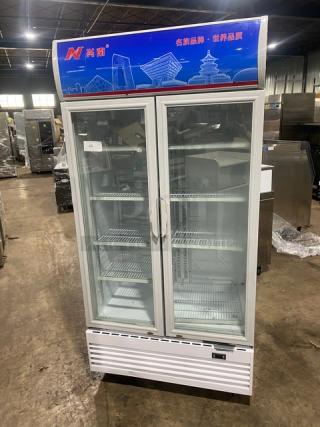 Commercial White Double Glass Swing-Door Reach-In Merchandiser Refrigerator! With Poly Coated Wire Racks! Model: LG-800BF! 220V! - Item #1195546