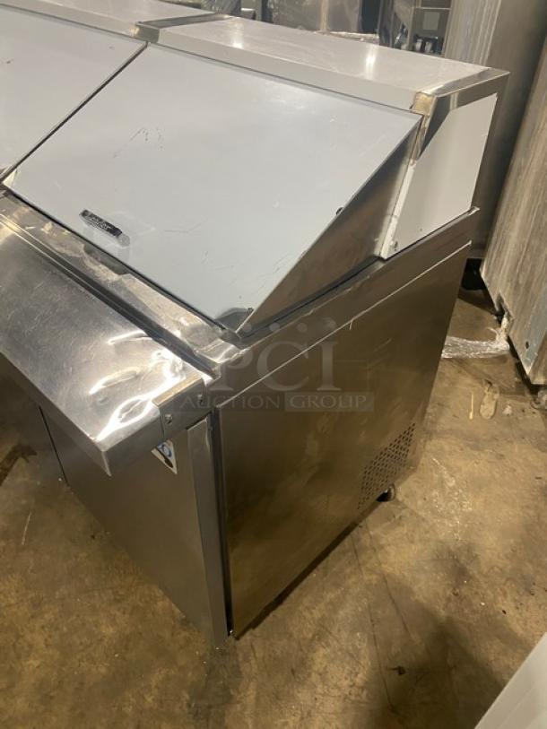 Avantco APT-71M-HC refrigerated prep table, stainless steel, 3 doors, bain marie style, on casters, 115V, used condition.