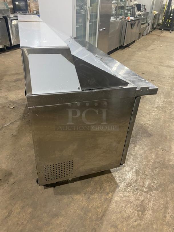 Avantco 3-door refrigerated prep table, model APT71MHC, stainless steel, on casters, used, bain marie style.