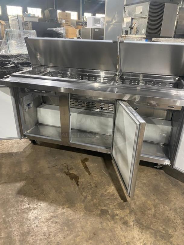Avantco APT71MHC 3-door refrigerated prep table, stainless steel, bain marie style, on casters, 115V, used condition.