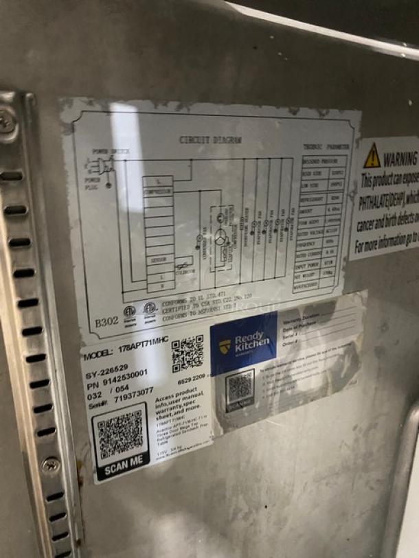 Alt text: Avantco APT-71M-HC circuit diagram and warning labels on stainless steel surface, model details shown.