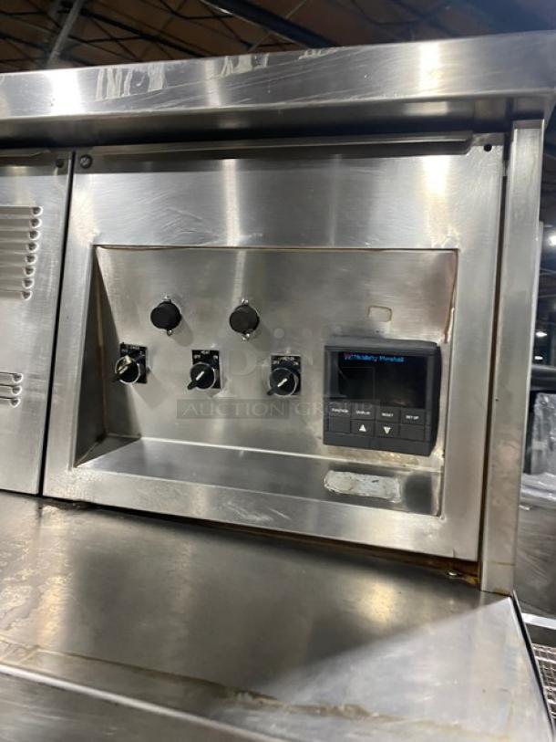 Middleby Marshall stainless steel double stacked conveyor pizza oven, electric powered, control panel, on casters.