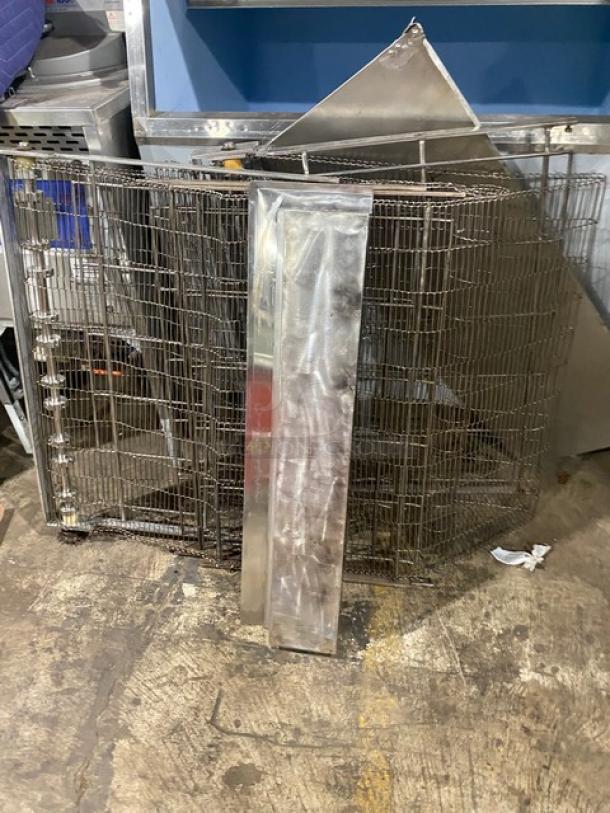 Middleby Marshall stainless steel double-stacked conveyor pizza oven parts on casters, in used condition.
