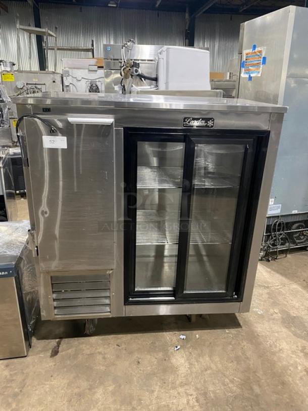 Leader Commercial Stainless Steel 2 Door Refrigerated Lowboy, Model LB48SC, includes chrome plated wire rack, on casters.
