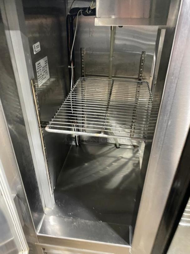 Leader Commercial 2 Door Lowboy Refrigerator, Model LB48SC, with chrome wire rack, stainless steel, on casters, 115V.
