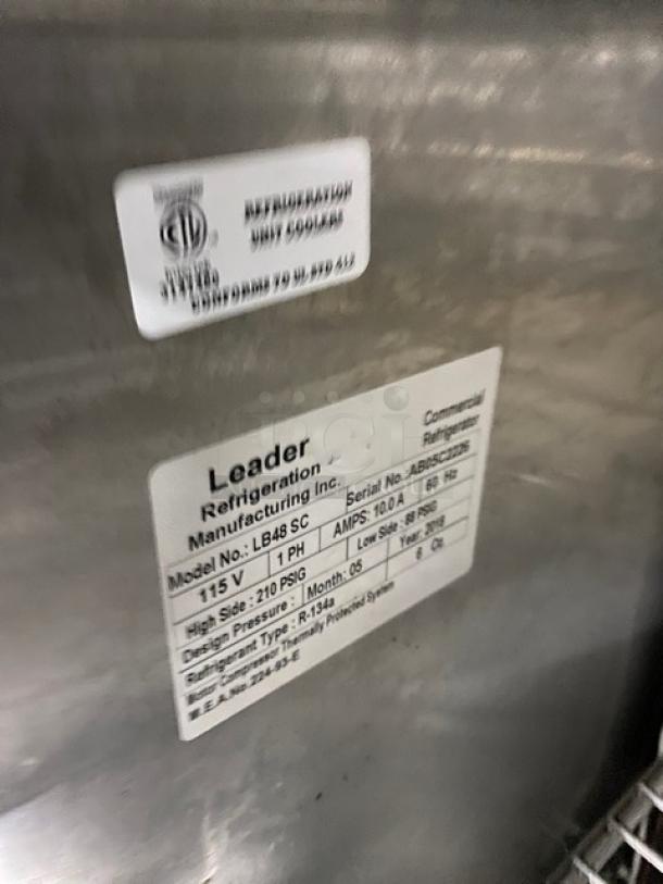 Leader Refrigerated Lowboy, Model LB48SC, stainless steel, with chrome-plated wire rack, 115V, serial AB05C2226, on casters.