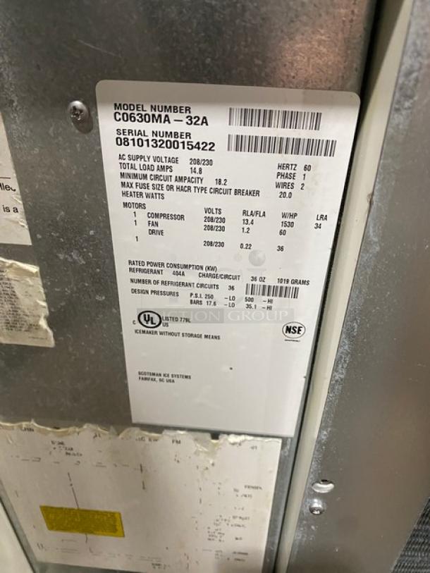 Scotsman Prodigy Plus Series ice machine label, model C0630MA-32, SN 08101320015422, 208/230V, 1 Phase, UL and NSF listed.
