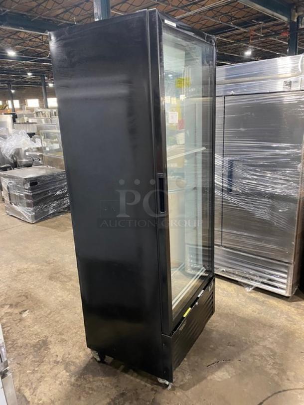 Kool-It Kool-It! 2022 black glass door reach-in merchandiser refrigerator, Model LX-24R, on casters, with wire racks.