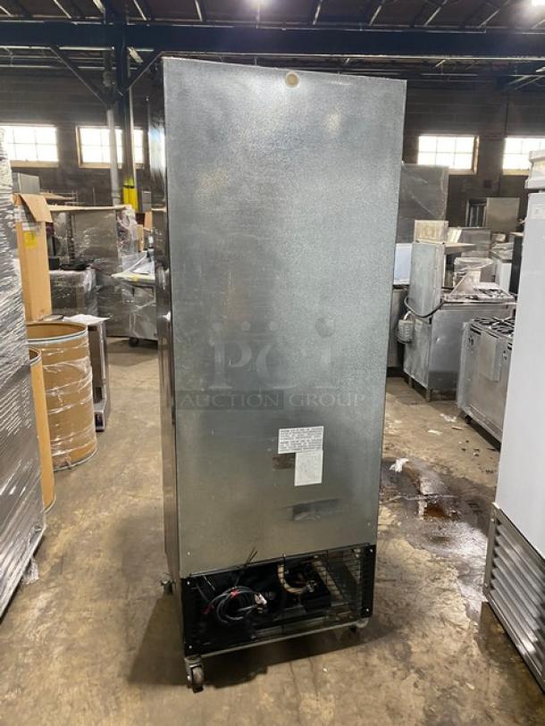 Kool-It LX-24R commercial refrigerator, black, single glass swing door, poly coated wire racks, on casters, Model LX-24R.