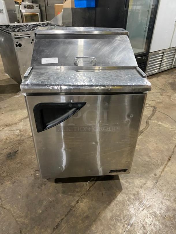 Turbo Air TST-28SD stainless steel refrigerated prep table on casters, with poly coated wire rack, good condition.
