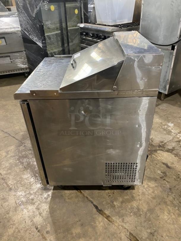 Turbo Air Super Deluxe Series stainless steel refrigerated prep table, model TST-28SD, with poly coated wire rack, on casters.