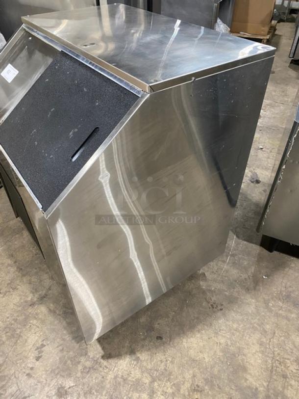 Ice-O-Matic EF250A32S stainless steel flake ice machine/bin combo with sliding top lid, 115V, on legs, excellent condition.