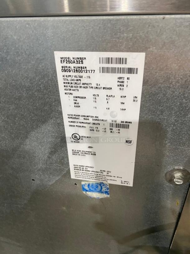 Ice-O-Matic EF250A32S ice maker, stainless steel, commercial flake style, air-cooled, model EF250A32S, serial 09091280012177.