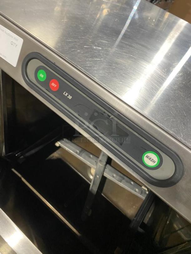 Hobart commercial stainless steel undercounter dishwasher, model LX30, electric powered, 120/208V 1 phase, controls visible.