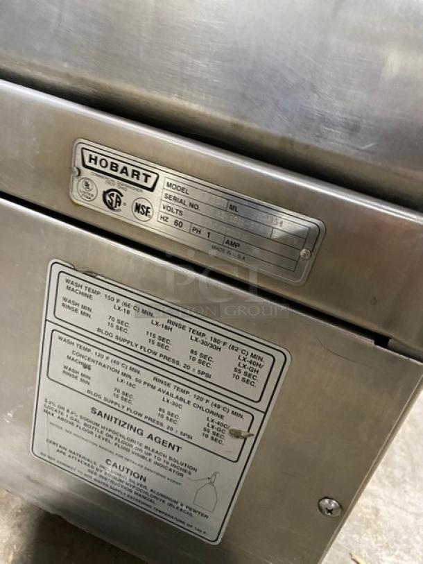 Hobart commercial stainless steel undercounter dishwasher, electric, 120/208V 1 phase, model and specs on label.