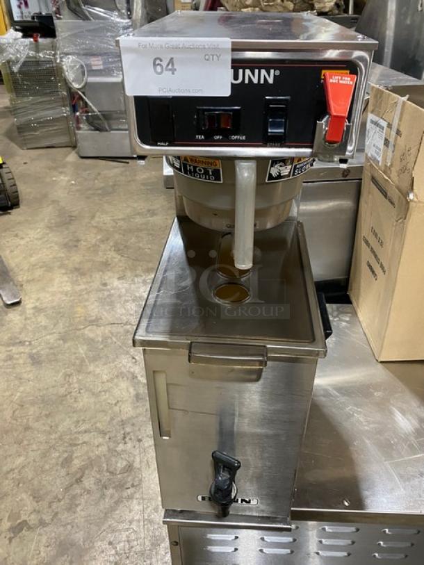 Bunn Commercial stainless steel automatic coffee brewer with hot water dispenser, electric powered, quick brew funnel.