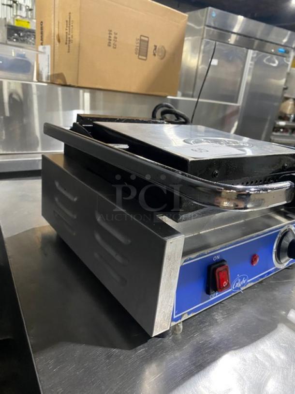 Globe commercial stainless steel panini sandwich grill with grooved grates, thermostatic control, 120V, on legs, excellent condition.