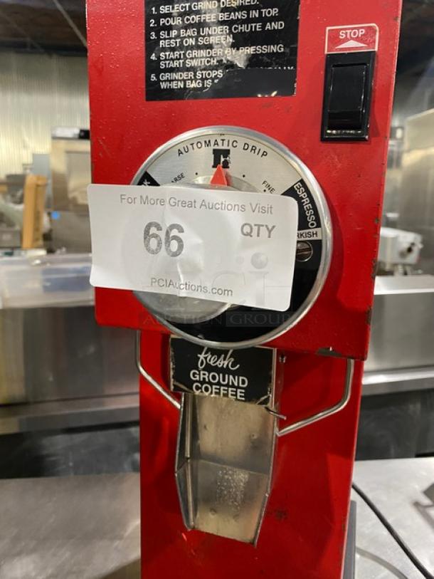 Bunn G3 red commercial electric coffee grinder, countertop model, 120V 1 phase. Automatic drip settings, label SN 8406.