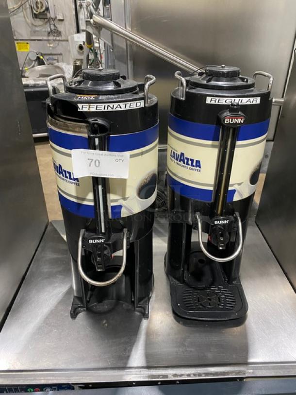 Bunn TF Server electric thermo servers, brew-through lids, Lavazza branding, marked "DECAFFEINATED" and "REGULAR."