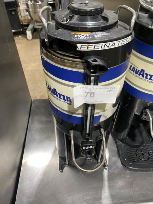 Bunn TF Server electric thermo server with brew-through lid, branded "Lavazza," labeled for caffeinated liquids.