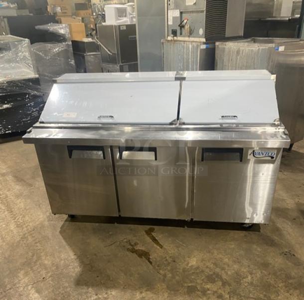 Avantco stainless steel 3-door refrigerated Bain Marie style prep table, model APT71MHC, on casters, in used condition.