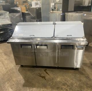 Avantco Commercial Stainless Steel 3 Door Refrigerated Bain Marie Style Mega Top Salad/Sandwich Prep Table! Model: APT-71M-HC SN: 719373077! 115V! On Casters! - Item #1195547