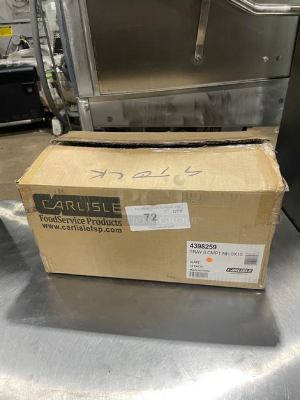 Box containing Carlisle Commercial Melamine Tray, Model 4398259, slate blue, 6-compartment, 15"x9", new condition.