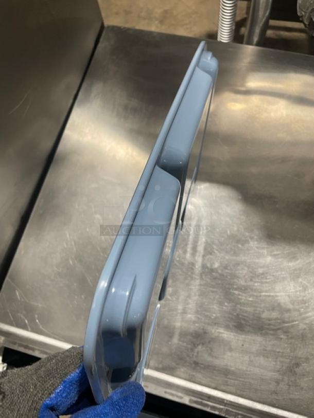 Carlisle slate blue melamine cafeteria tray, model 4398259, 15"x9", new condition, six compartments, right-handed design.