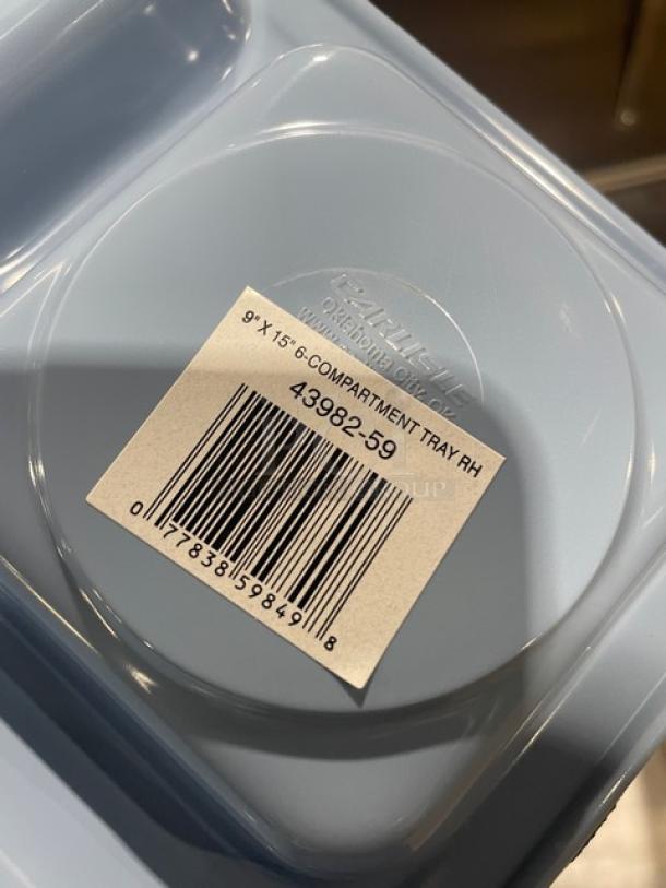 NEW Carlisle 6-compartment 15"x9" slate blue melamine cafeteria tray, model 4398259, with barcode label.