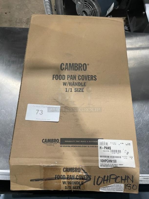 Cambro H-Pan Series Amber High Heat Full-Size Lid, Model 10HPCHN150, new with spoon notch and labeled packaging.