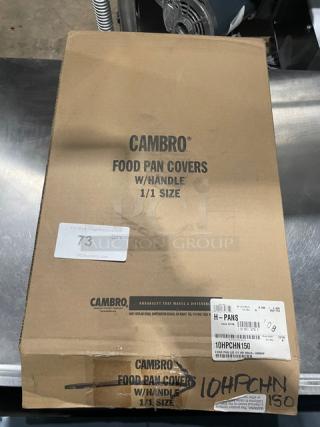 Cambro H-Pan Series Amber High Heat Full-Size Lid, Model 10HPCHN150, new with spoon notch and labeled packaging.
