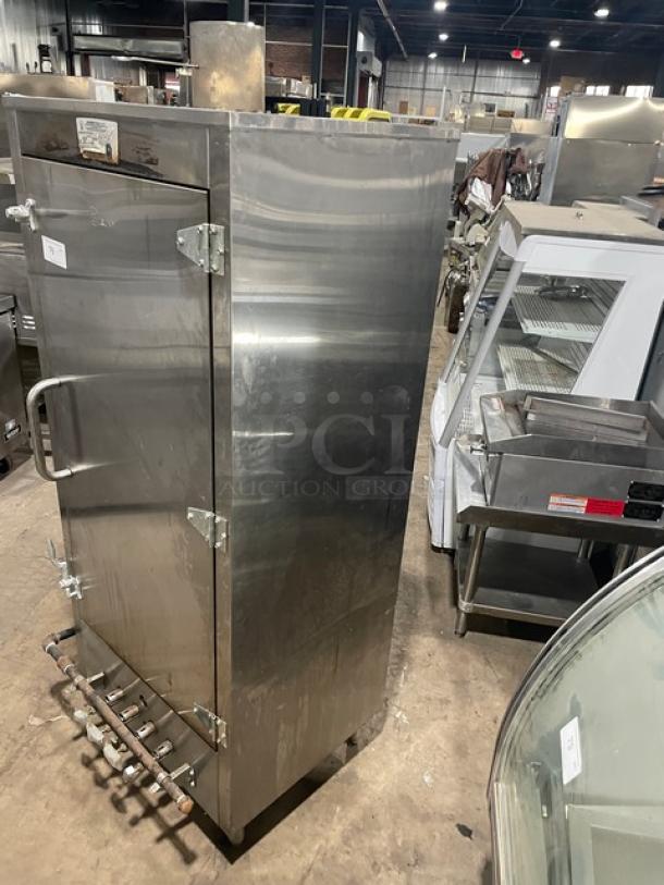L&J CWSH-30 stainless steel smokehouse oven, natural gas, free-standing on legs, model SH-5075, excellent condition.
