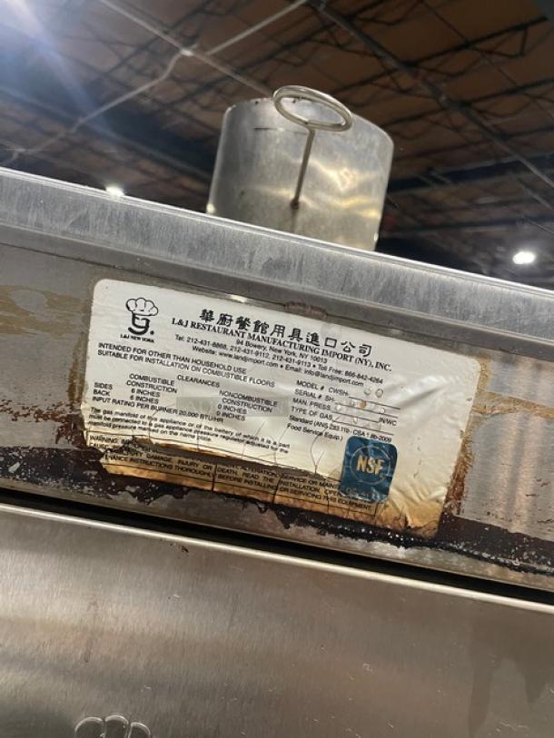 L&J CWSH-30 stainless steel smokehouse oven, natural gas, free-standing on legs, model and NSF labels visible.