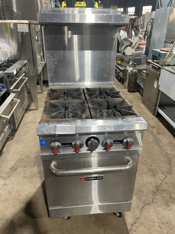 Cookline commercial stainless steel 4-burner gas range/oven combo with backsplash, overhead salamander shelf, and casters.