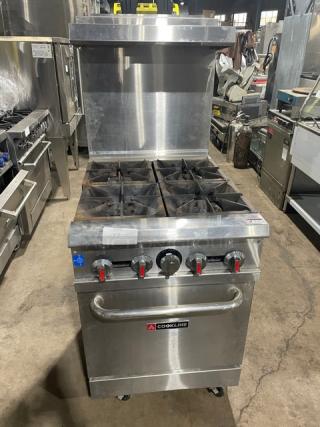 Cookline commercial stainless steel 4-burner gas range/oven combo with backsplash, overhead salamander shelf, and casters.