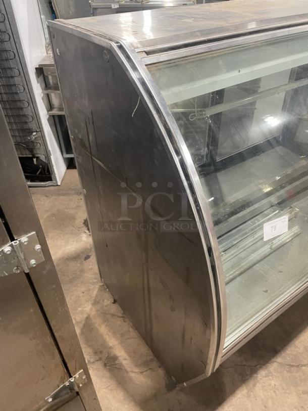 Leader NRHD60SC commercial 60" stainless steel refrigerated meat deli display with curved glass, rear sliding doors, lower storage.