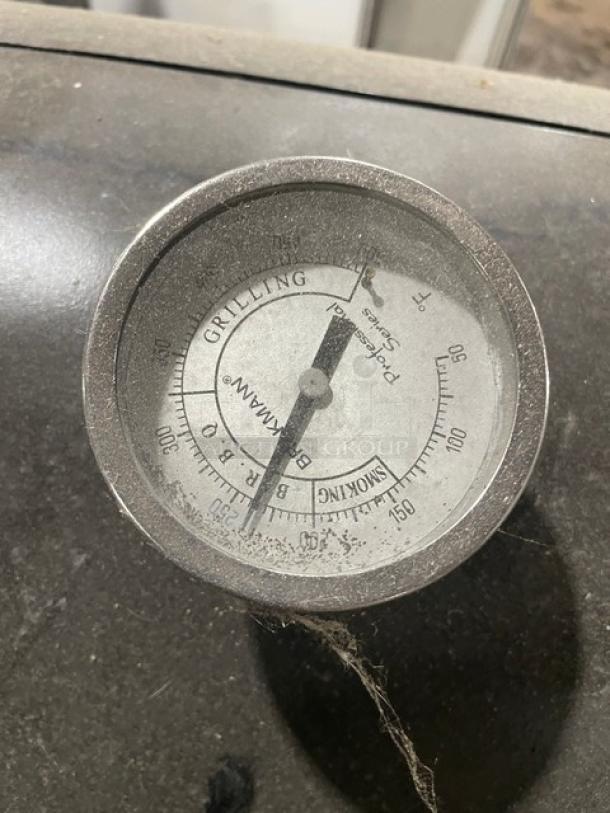 Brinkmann Professional Series offset smoker grill with temperature gauge, black finish, used condition, model: Local BBQ Style.