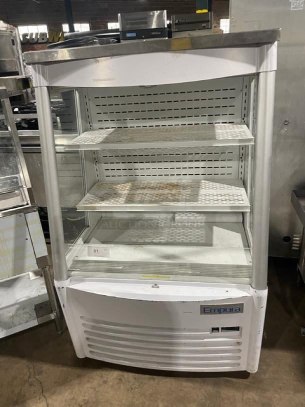 Empura EMPEOM36W refrigerated merchandiser, white, multi-level, adjustable shelving, 110-120V, used condition.