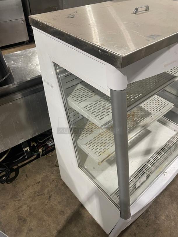 Empura EMPEOM36W refrigerated display case with adjustable shelving, white, multi-level, shown with visible wear, 110-120V.