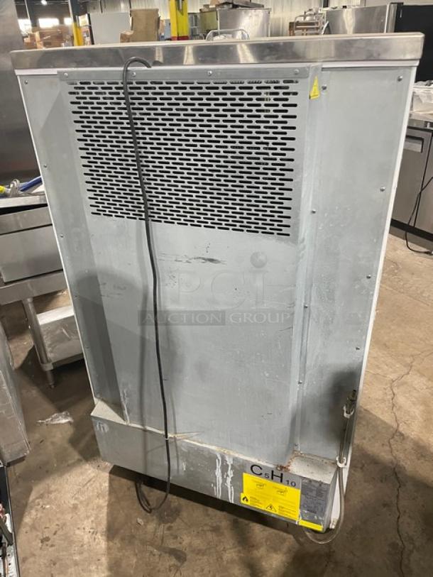 Empura Model EMP-EOM-36W commercial multi-level refrigerated display case, white, adjustable shelving, 110-120V, used condition.