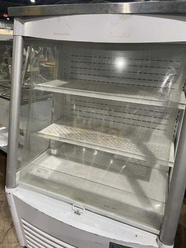 Empura EMPEOM36W refrigerated display case, white, multi-level with adjustable shelving, visible wear, model EMP-EOM-36W, 110-120V.