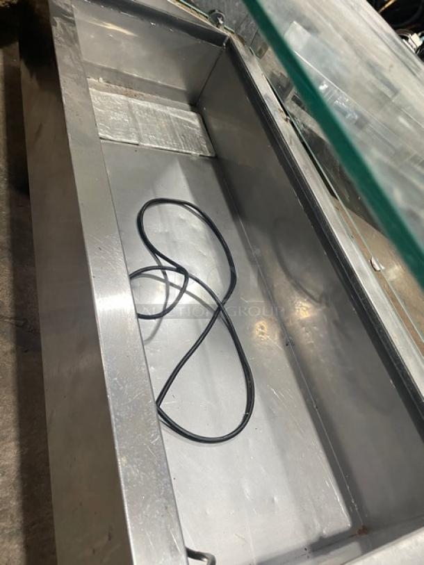 Omcan THV1200-380 refrigerated benchtop merchandiser, stainless steel, electric, SN: 0020400700200080, shown open.