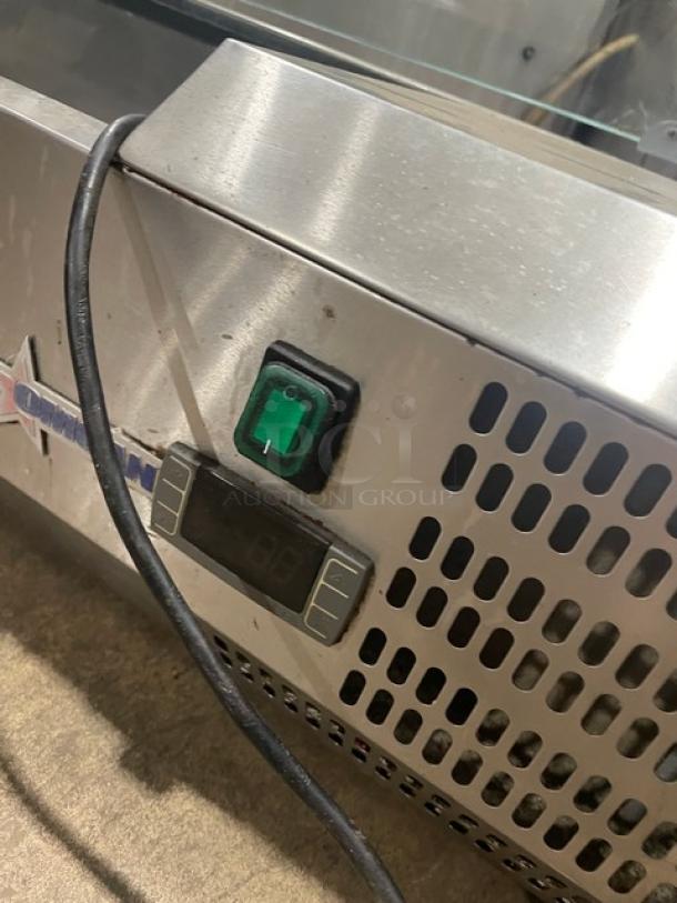 Omcan THV1200-380 refrigerated display case, stainless steel, electric, benchtop model, visible power switch and digital display.