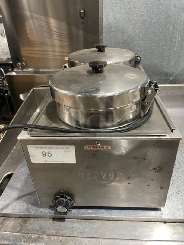 Server stainless steel electric countertop twin soup warmer; features two containers, temperature control, good condition.
