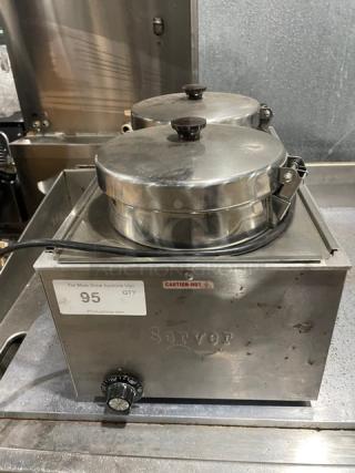 Server stainless steel electric countertop twin soup warmer; features two containers, temperature control, good condition.
