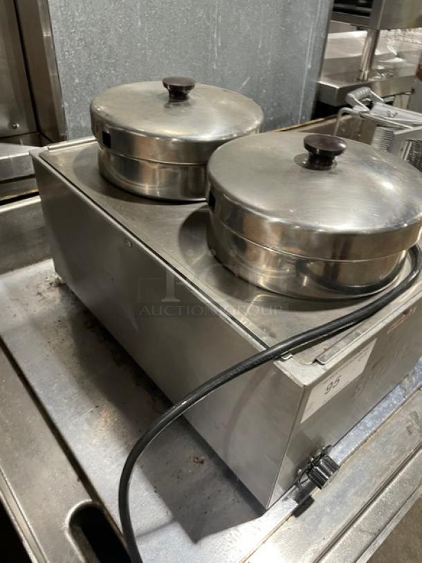 Server stainless steel electric twin soup/topping warmer, countertop model. Features dual compartments, good condition.