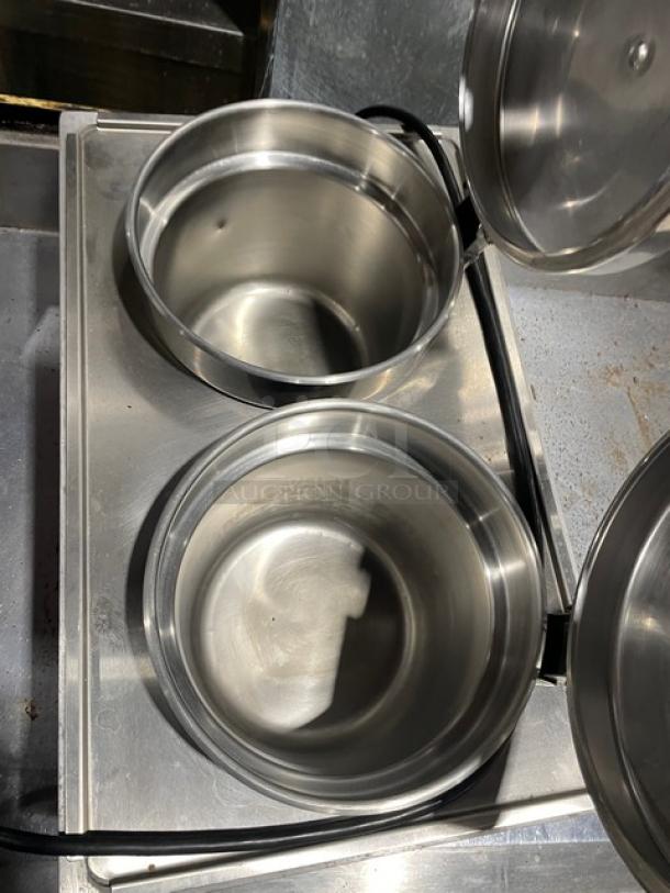 Server commercial stainless steel electric countertop twin soup/topping warmer, used. Features dual pots and lid.