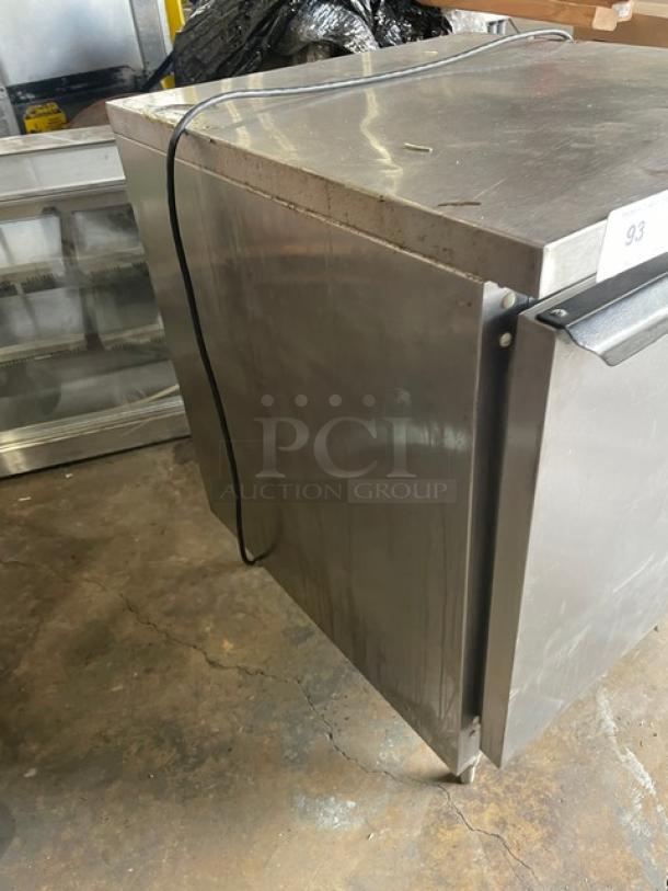 Beverage-Air WTF27A stainless steel worktop freezer, single door, 27", with poly-coated wire rack, 115V, on legs.