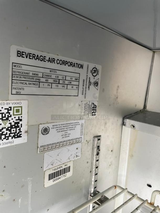 Beverage-Air WTF27A label and interior view showing poly coated wire rack. Model and specs are visible in the image.
